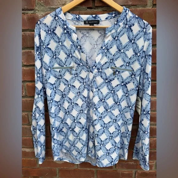INC international concepts NEW BlueWhite Top long sleeve blouse shirt large - Picture 1 of 4